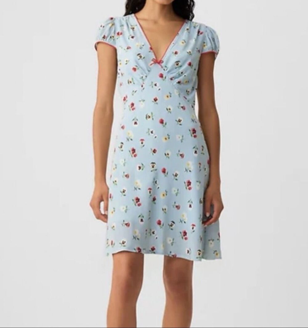 Gap x DÔEN Blue Dublin Floral Mini Dress Short Sleeve Fit Flare Boho 6 NEW